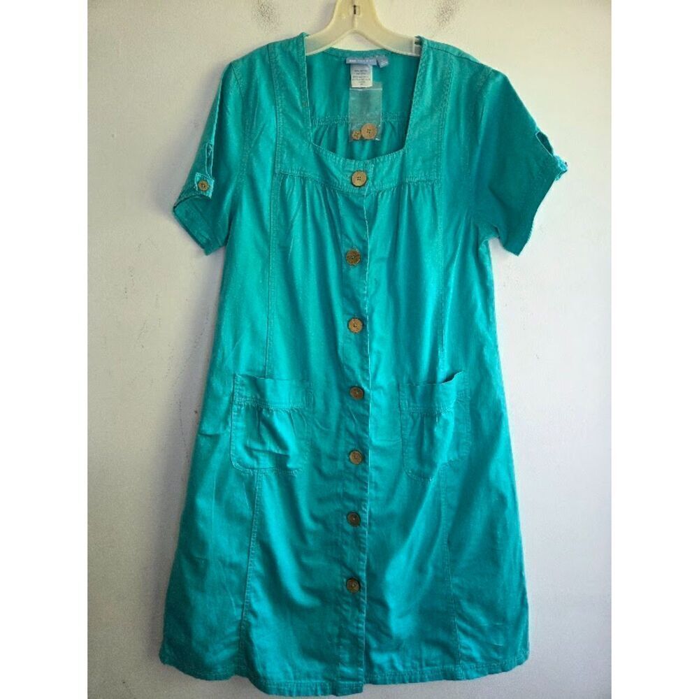 NWOT Koret Women Teal Green 100% Cotton Denim Button Front Midi Dress size Large